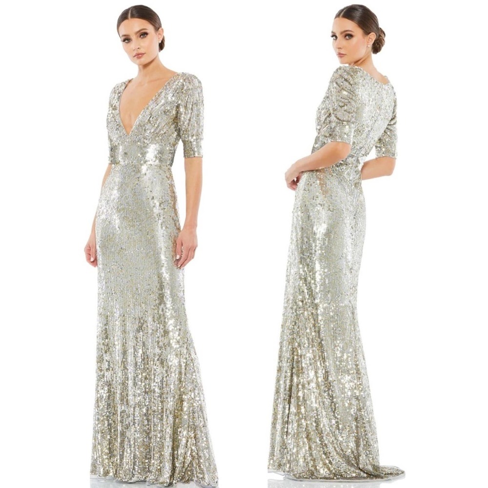 Mac Duggal Platinum Sequined Evening Gown Sparkly Long V Neck Style 4707 Size 4